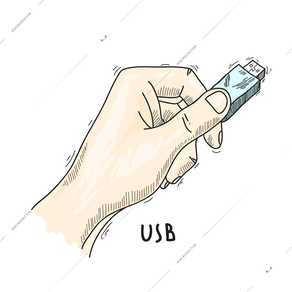 Hand holding computer data usb flash drive hand drawn poster vector illustration