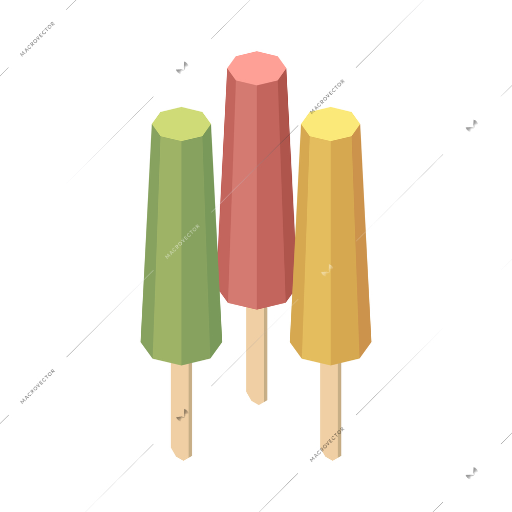 Isometric icon with three colorful ice cream pops on sticks 3d vector illustration