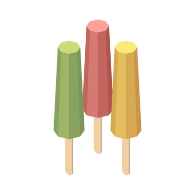 Isometric icon with three colorful ice cream pops on sticks 3d vector illustration