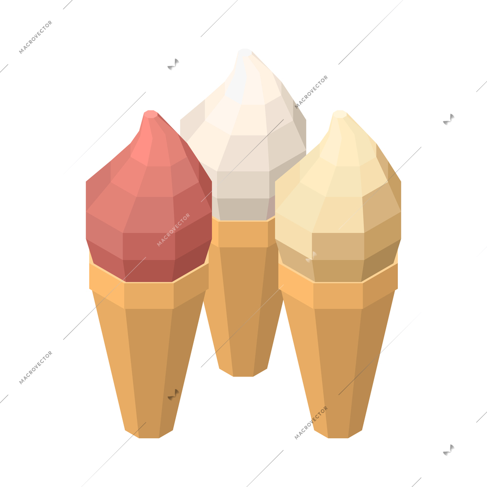 Three waffle cones with ice cream isometric 3d icon vector illustration