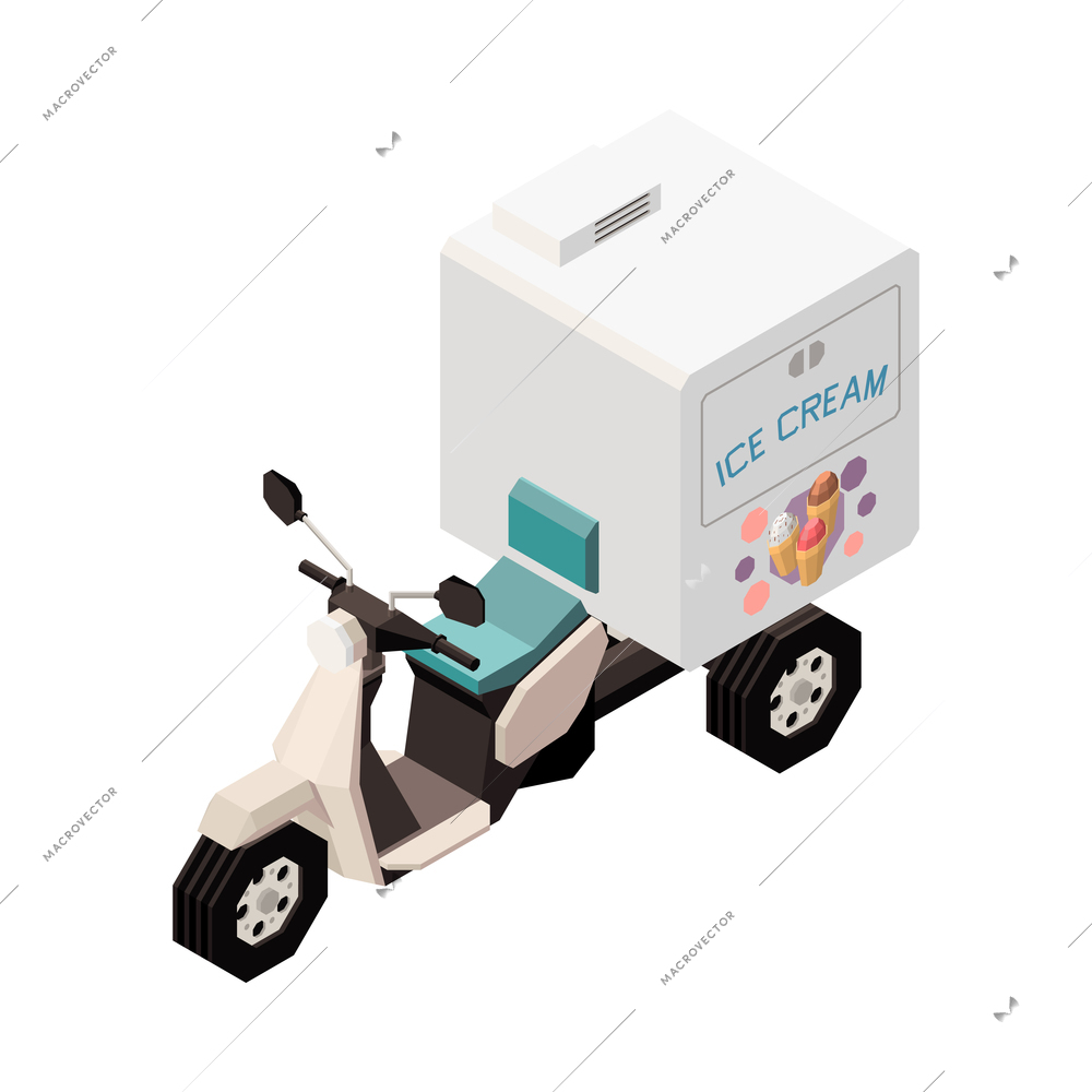 Isometric icon with ice cream delivery vehicle on white background 3d vector illustration