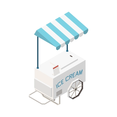 Ice cream cart with striped tent isometric icon on white background 3d vector illustration