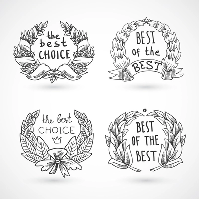 Best of the best choice prize wreaths emblems sketch set isolated vector illustration