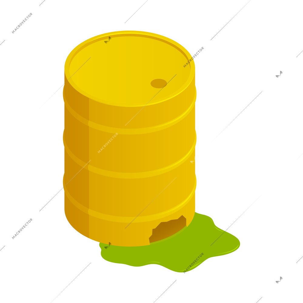 Toxic waste leaking from yellow metal barrel 3d isometric vector illustration