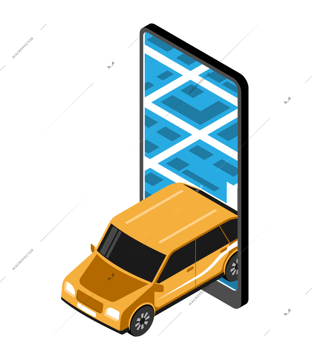 Car sharing mobile app isometric icon with smartphone and yellow automobile 3d vector illustration