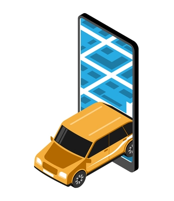 Car sharing mobile app isometric icon with smartphone and yellow automobile 3d vector illustration