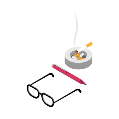 Writer attributes isometric icon with glasses pen and cigarettes in ash tray 3d vector illustration