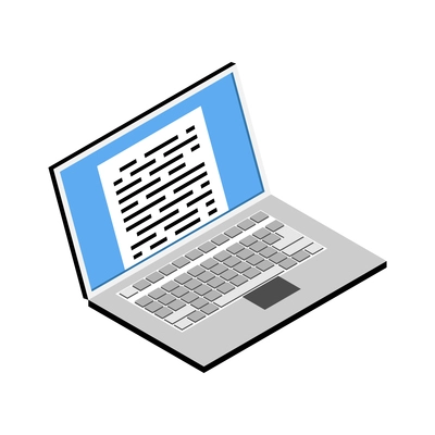 Writers laptop with text on screen isometric icon 3d vector illustration