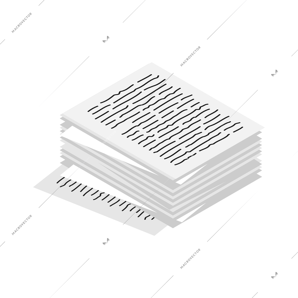 Writer attributes isometric icon with piles of papers with text 3d vector illustration