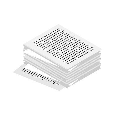 Writer attributes isometric icon with piles of papers with text 3d vector illustration