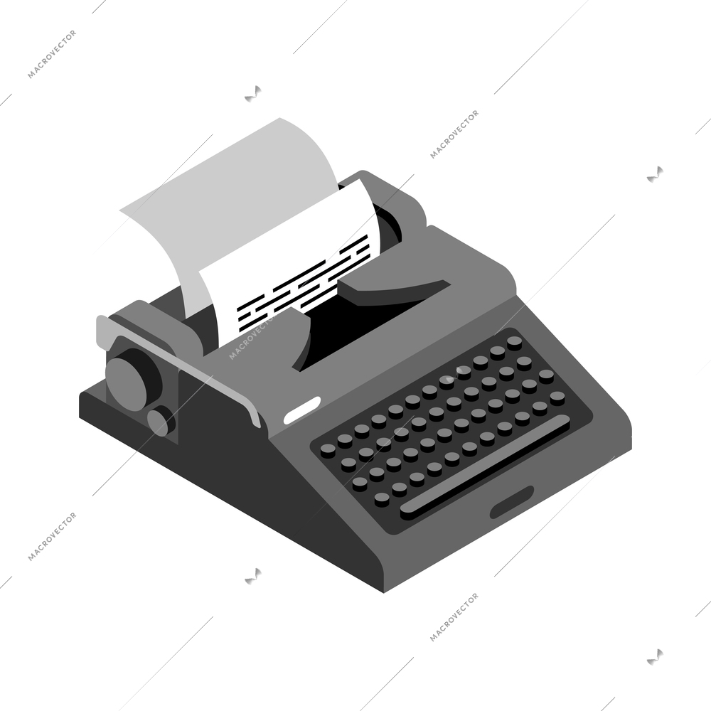 Black typewriter with sheet of paper isometric icon 3d vector illustration