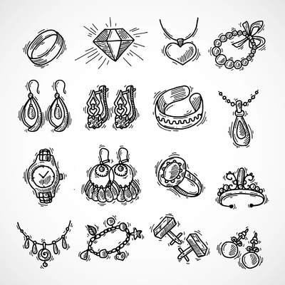 Jewelry decorative icons set with watches diamons jewel bracelet sketch isolated vector illustration