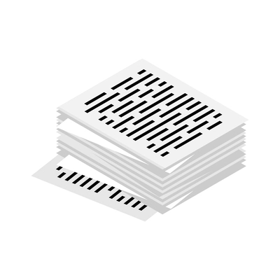 Writer attributes icon with pile of papers with typed text 3d vector illustration