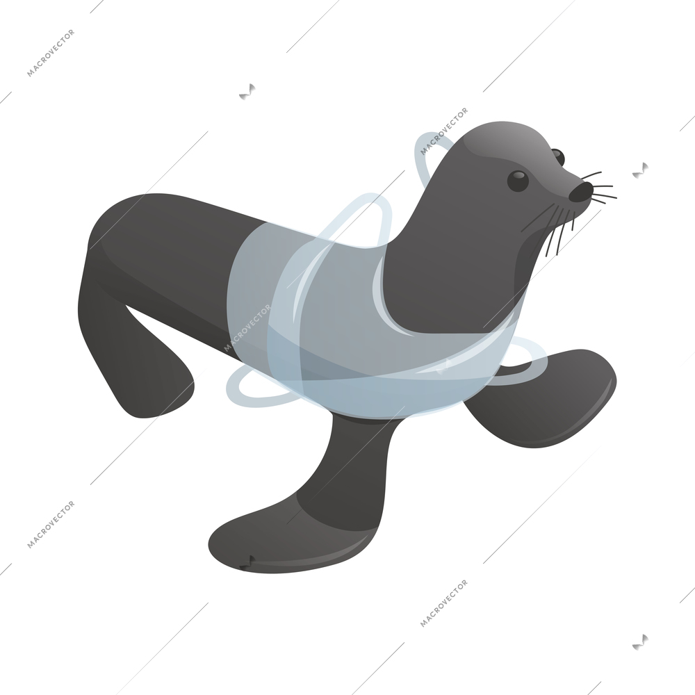 Ocean pollution animal harm icon with seal entangled in plastic net 3d isometric vector illustration