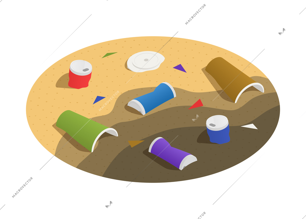 Ocean pollution icon with plastic rubbish on shore and in water isometric vector illustration
