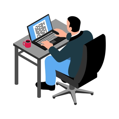 Writer working on laptop with cup of coffee 3d isometric icon vector illustration