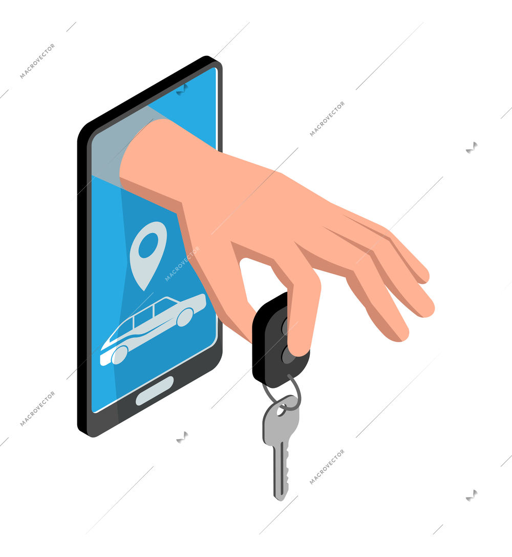 Car sharing service isometric icon with smartphone and human hand holding key vector illustration