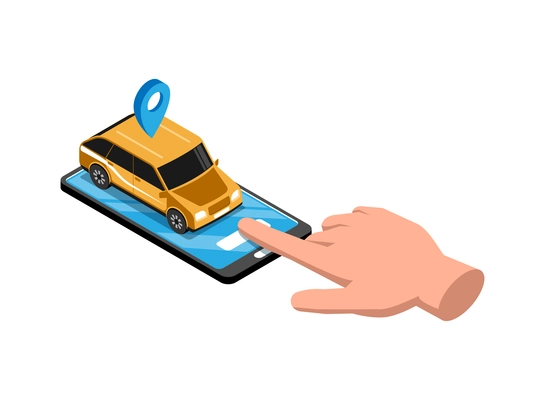 Car sharing service icon with human hand ordering automobile using smartphone app isometric vector illustration