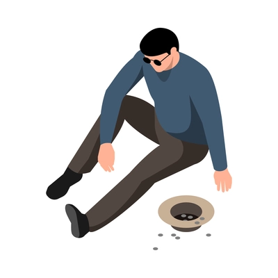 Blind man begging for money isometric character on white background vector illustration