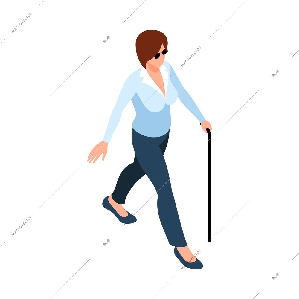 Blind woman with walking stick on blank background isometric vector illustration