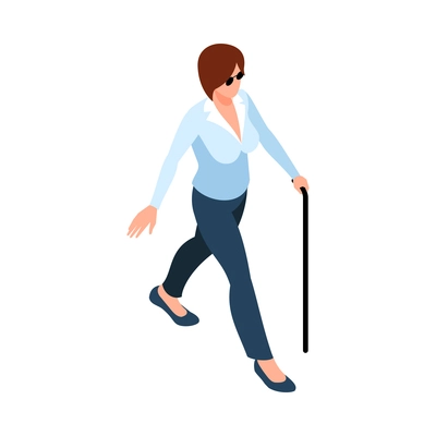 Blind woman with walking stick on blank background isometric vector illustration