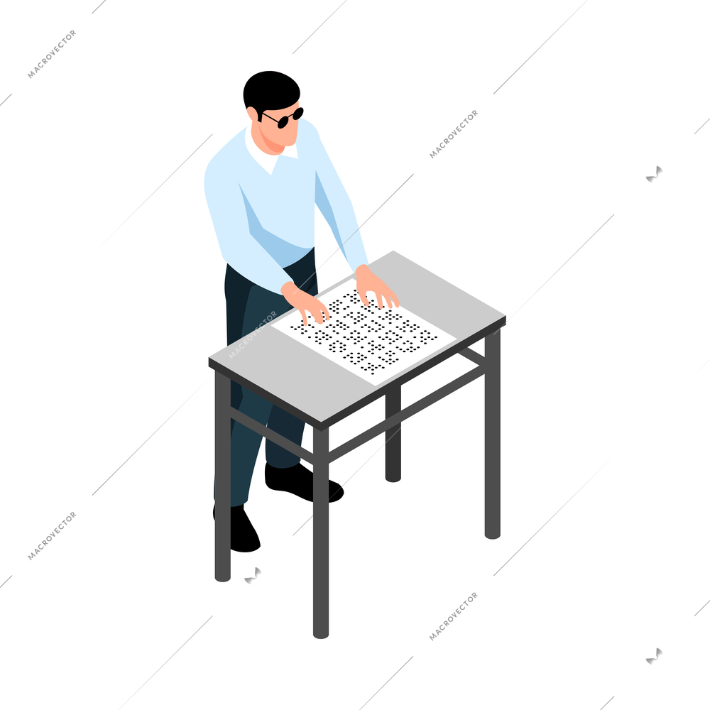 Blind man reading braille isometric 3d vector illustration