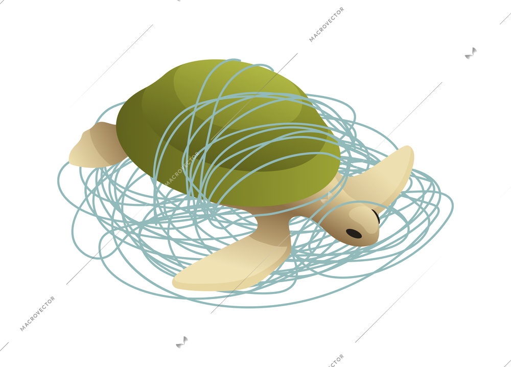Ocean pollution animal harm isometric icon with turtle entangled in plastic net 3d vector illustration