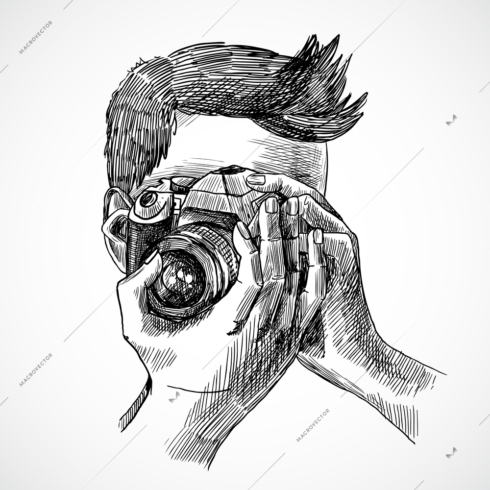 Photographer with digital photo camera sketch portrait vector illustration