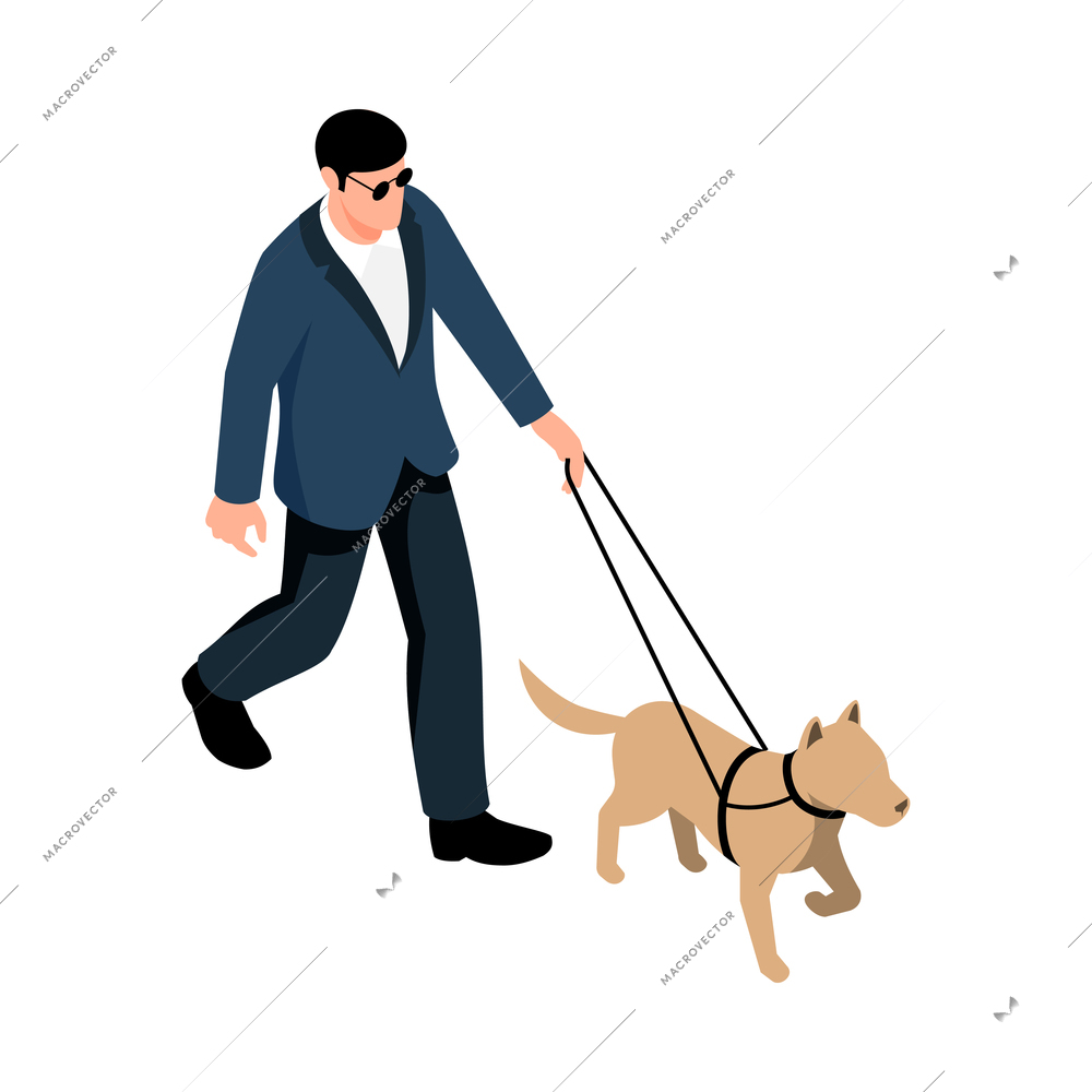 Blind man walking with dog guide 3d isometric vector illustration