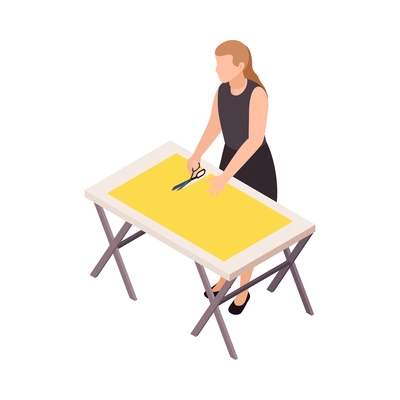 Sewing factory isometric icon with seamstress cutting yellow textile 3d vector illustration