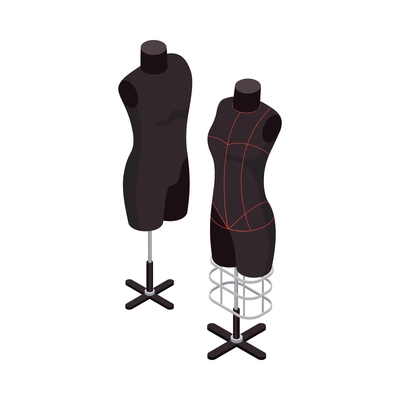 Isometric sewing factory icon with two black mannequins 3d vector illustration