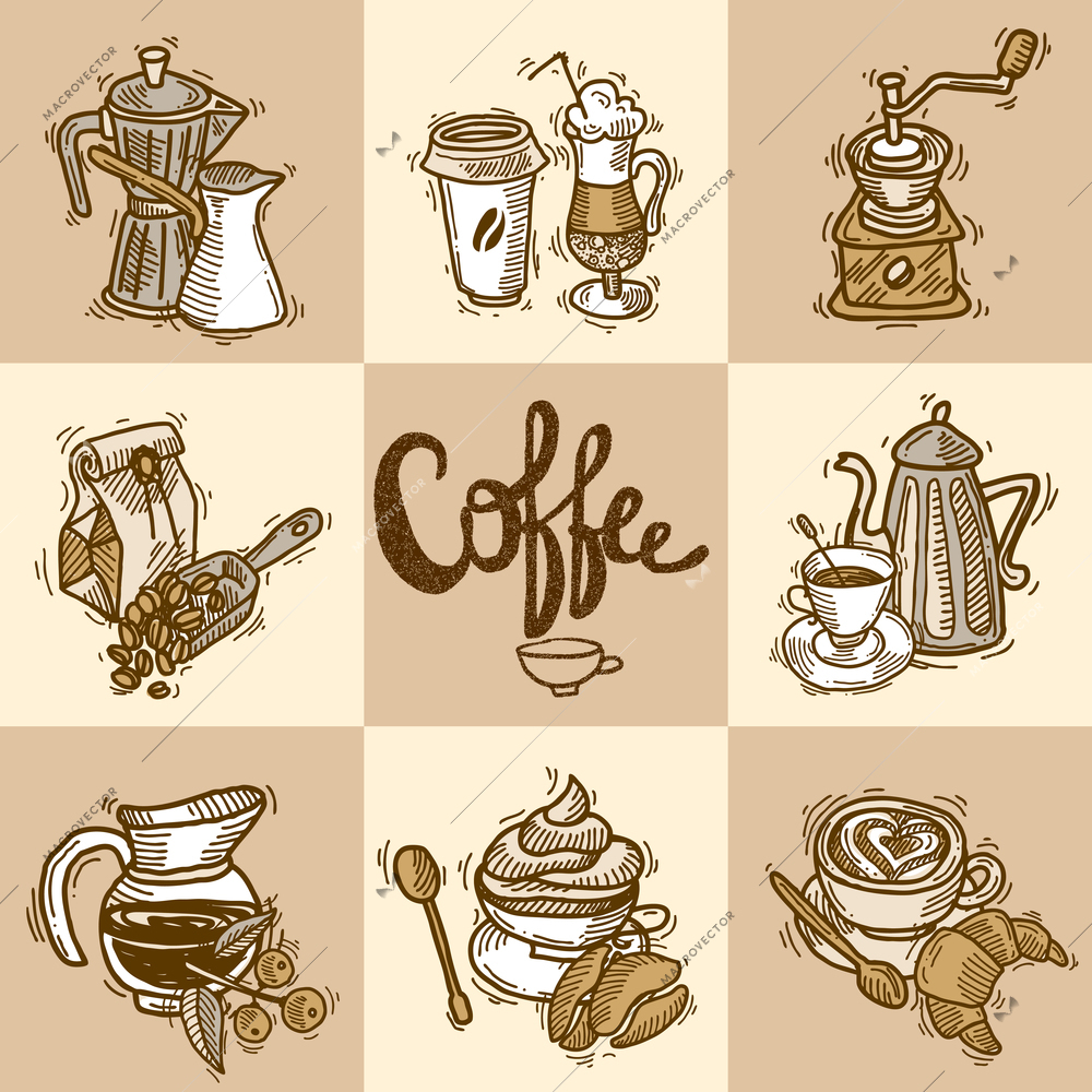 Coffee sketch decorative icons set with cup turk beans and dessert isolated vector illustration