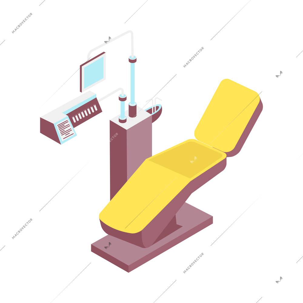 Dentists room interior with chair and medical equipment 3d isometric icon vector illustration