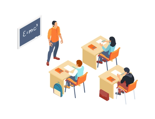 School classroom with three students at their desks teacher blackboard 3d isometric isolated vector illustration