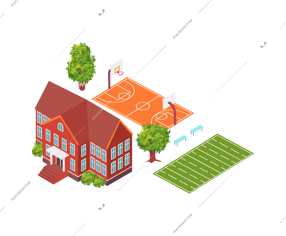 School building exterior and territory with sports ground and green trees 3d isometric vector illustration