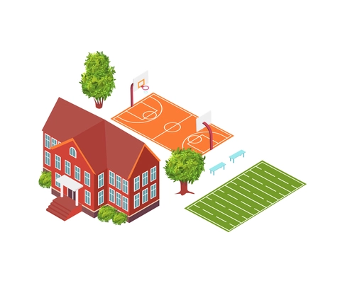 School building exterior and territory with sports ground and green trees 3d isometric vector illustration