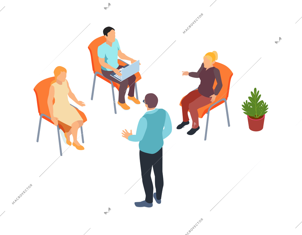 High school or courses lesson with three students and teacher in classroom isometric vector illustration