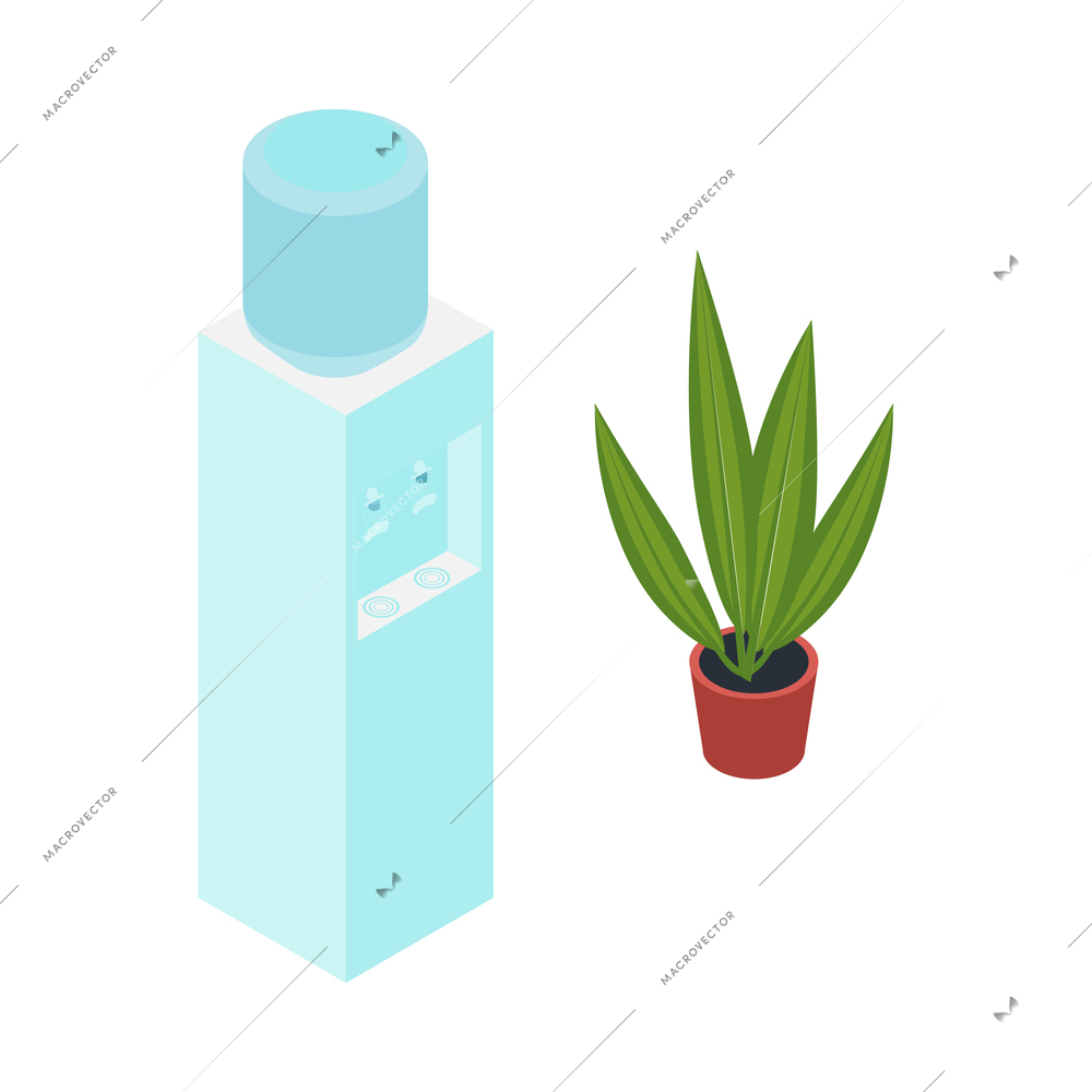 Water cooler for home or office and green potted plant 3d isometric interior elements isolated vector illustration