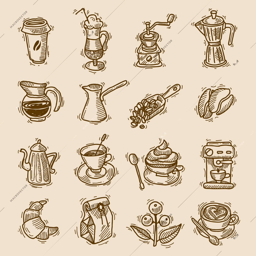 Coffee sketch icons set with coffee-bulb turk beans isolated vector illustration.