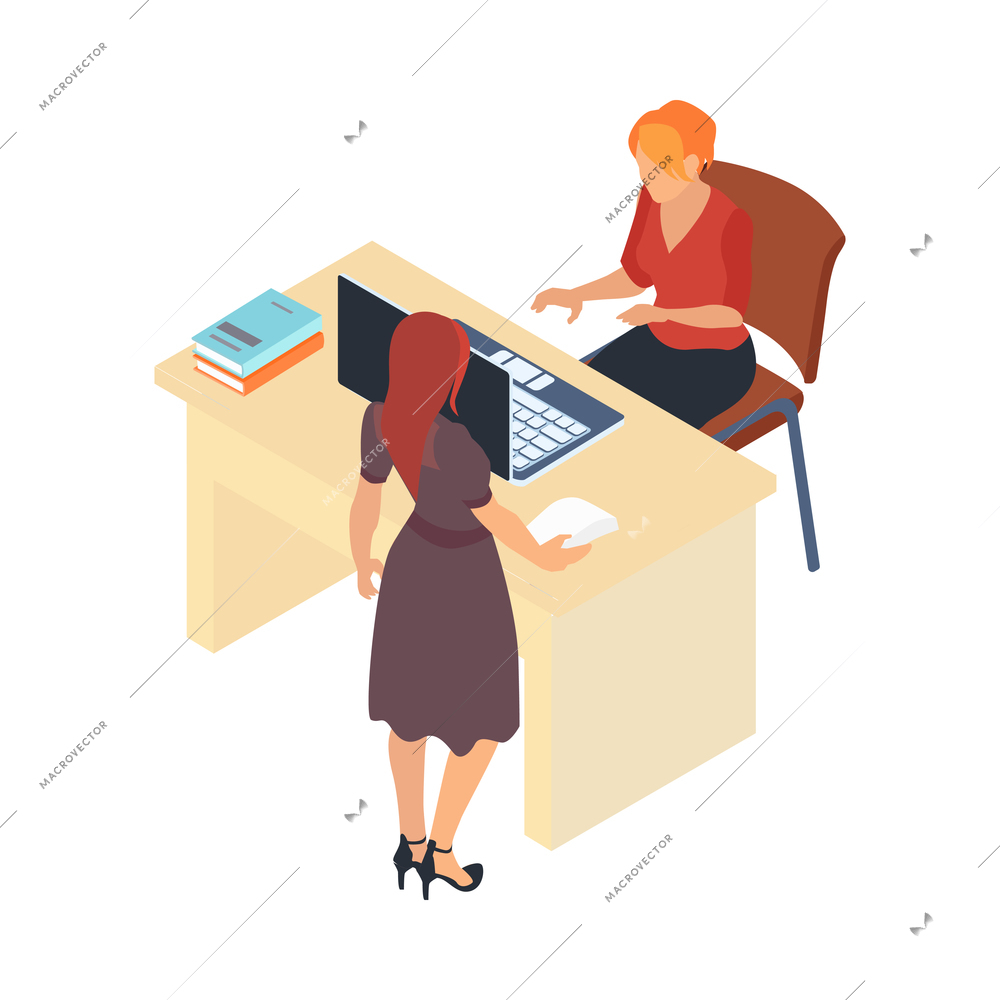 Two female school teachers in staff room isometric icon 3d vector illustration