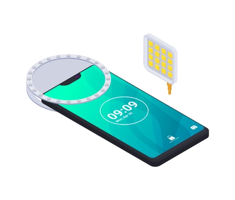 Isometric smartphone with selfie ring lamp for blogging 3d vector illustration