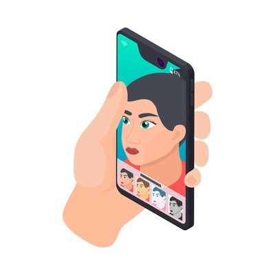 Person editing photo on mobile phone isometric icon 3d vector illustration