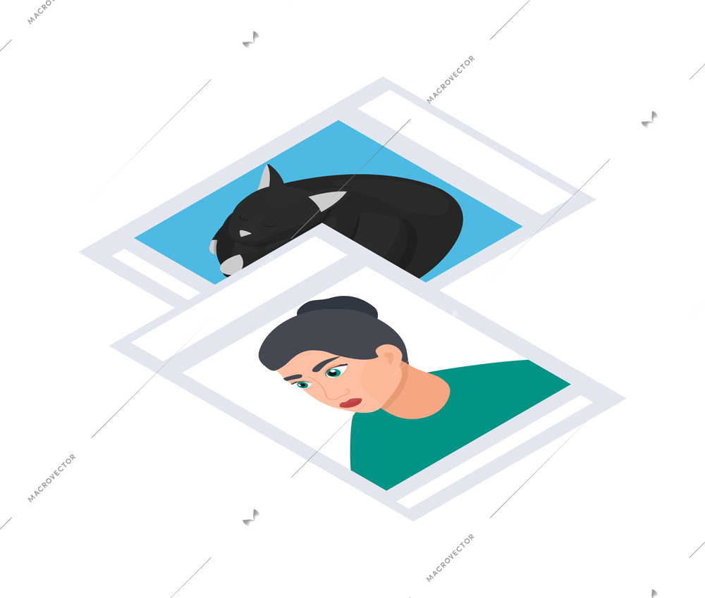 Two isometric printed photos of black cat and female face 3d icon vector illustration