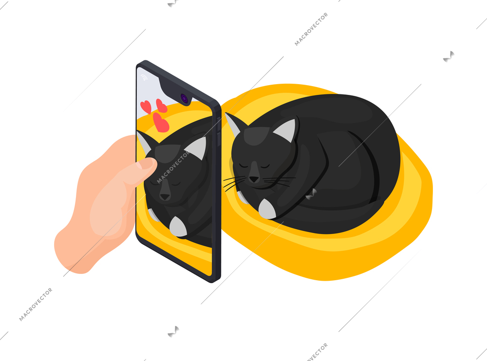 Human hand taking photo of cute sleeping black car on smartphone 3d isometric icon vector illustration