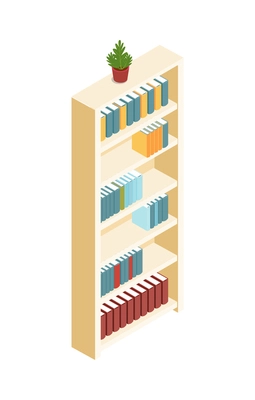 Wooden bookcase for school library living room interior 3d isometric vector illustration