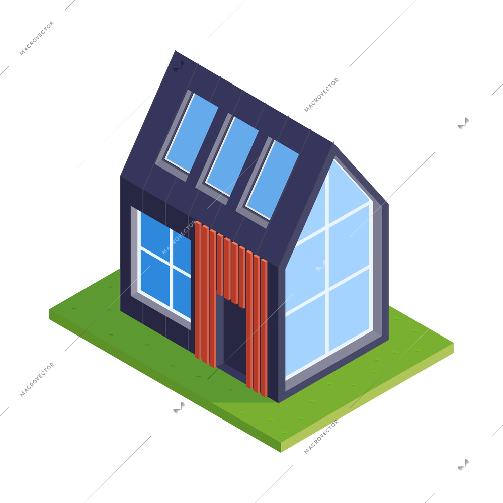 Modern private town house with panoramic windows isometric icon vector illustration