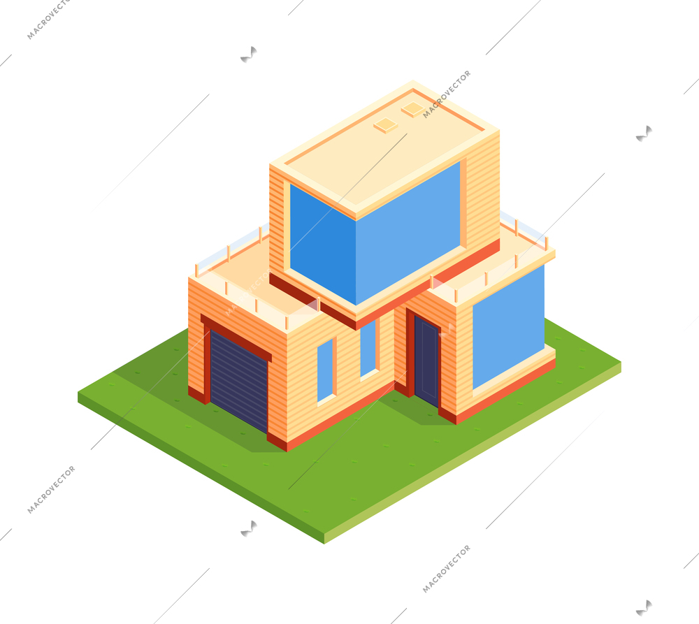 Private town house modern architecture with panoramic windows isometric icon 3d vector illustration