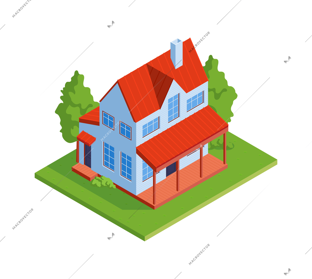 Modern low rise house exterior with veranda and green garden isometric icon 3d vector illustration