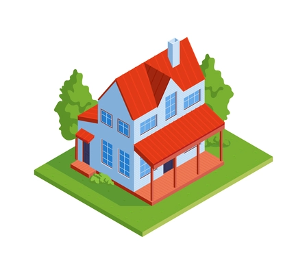 Modern low rise house exterior with veranda and green garden isometric icon 3d vector illustration