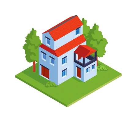 Isometric 3d modern town house with green garden icon on blank background vector illustration